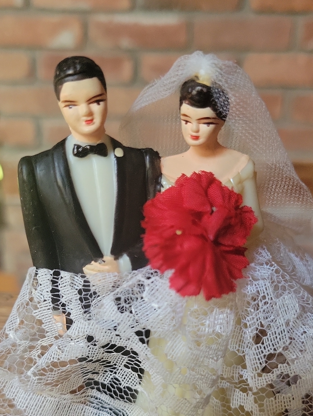 Vintage 1960's Bride and Groom Cake Topper with Lace Skirt & Veil